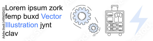 Travel optimization, organization, preparation, planning, technology, efficiency. Gear icons, suitcase and lightning bolt. Travel optimization and organization theme in clean graphic style