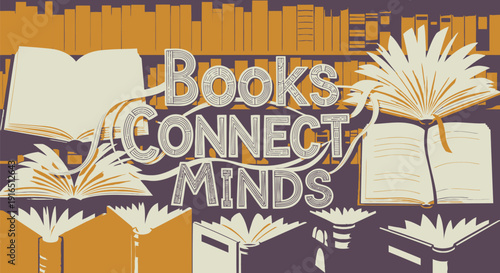 Literary themed vector graphic collection. Includes books, reading, and education symbols. Created in modern flat style with orange and purple palette