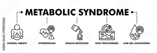 Symptoms of Metabolic Syndrome banner web line vector illustration concept with an icon of Hypertension, Insulin Resistance, High Triglycerides, Low HDL-Cholesterol, Visceral Obesity