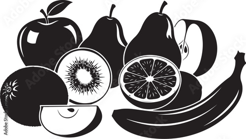 Black and white illustration of various fresh fruit types
