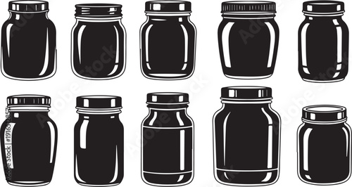 Set of black glass jars with lids illustration