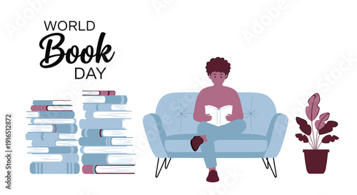 Vector illustration of a man reading a book on a couch with a stack of books and a plant, World Book Day theme.