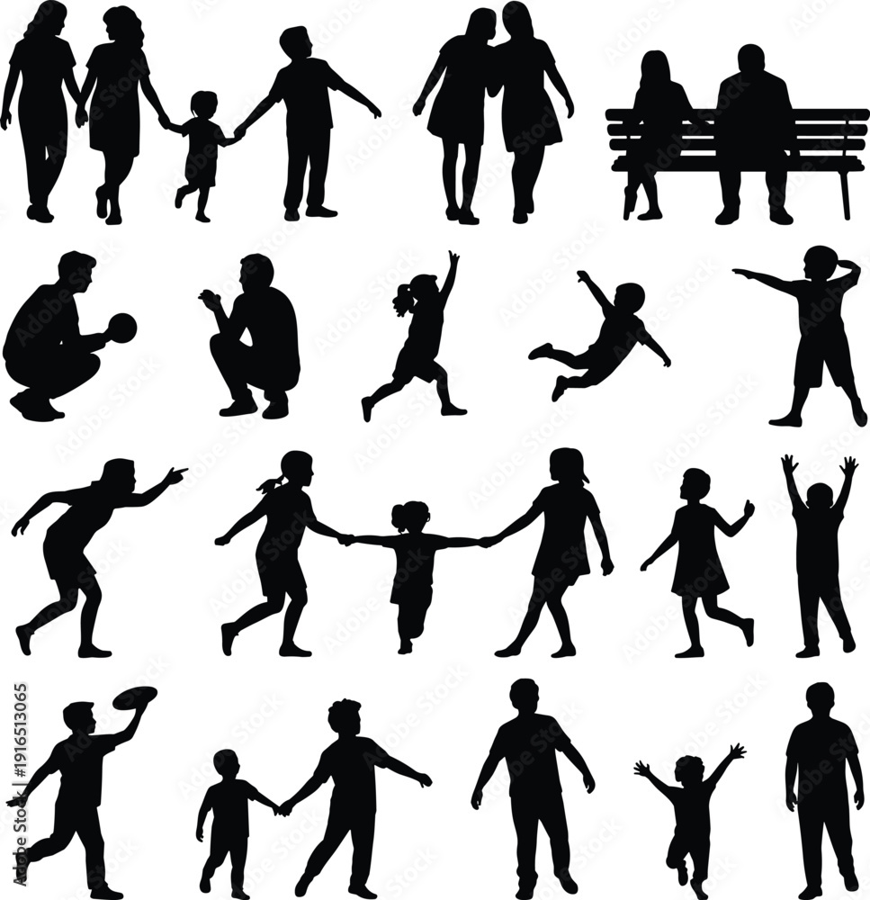 Obraz premium Set of Silhouettes Featuring Happy Families Children Playing and People in Various Outdoor Activities