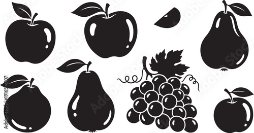 Black silhouettes of various fruits on white background illustration