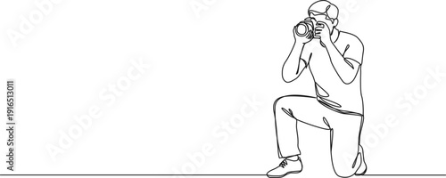 continuous line drawing of man taking photos with DSLR, line art vector illustration