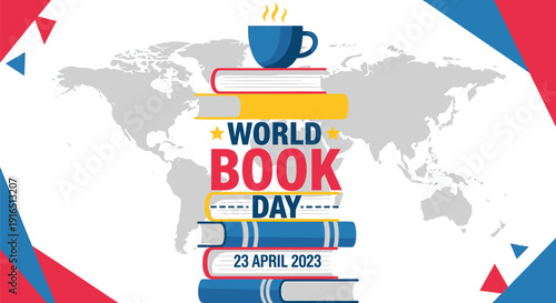 World Book Day icon collection. Includes book, coffee, globe, and reading symbols. Created in colorful style with red, blue, and yellow palette.
