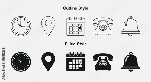 Outline and filled style icons set of calendar, telephone, and bell on isolated white background.