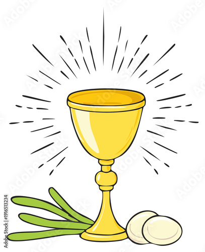 Holy Communion illustration with a glowing golden chalice, unleavened bread wafers, and green herbs