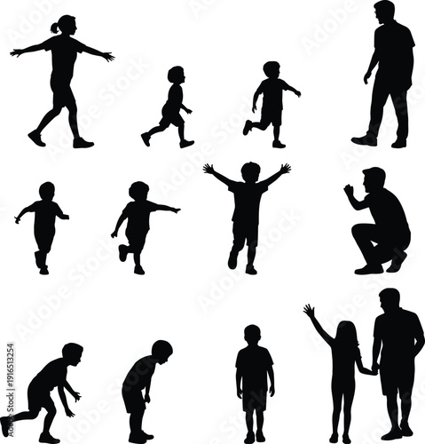 Silhouettes of children and parents in various active poses including running jumping playing and walking together