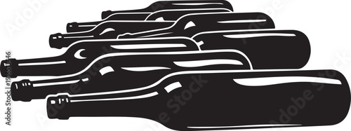 Black wine bottles in a row on white background