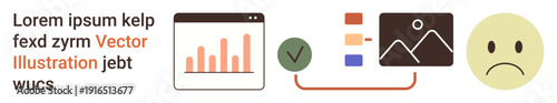 Data analysis, decision-making, communication, emotion, infographics, and design elements. A bar chart, checkmark diagram and sad face emotion. Data analysis and decision-making concept
