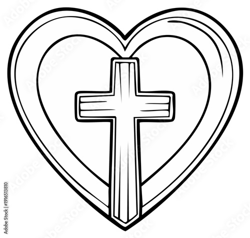 Christian cross symbol within a heart shape illustration representing faith, love, hope and religious belief, black and white art.