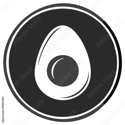 Graphic illustration of a sliced boiled egg in a black circle, food concept for culinary design and menus