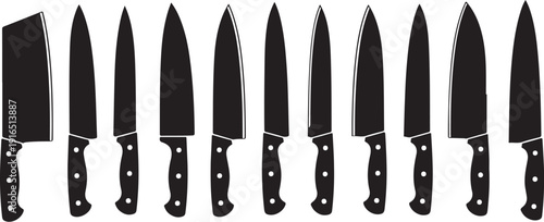 Collection of various kitchen knives on white background