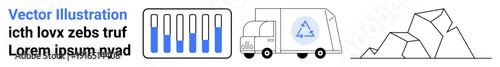 Waste sorting bins, recycling truck with a reuse sign, and reusable material piles. Ideal for sustainability, recycling, waste management, ecology, environment, education simple landing page