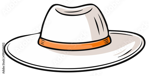 Stylish white cartoon hat with bright orange band featuring a classic wide brim design and bold outline perfect for summer