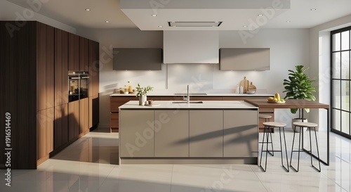 Modern kitchen with glossy large-format ceramic floor tiles, reflective surface, sleek cabinets, morning sunlight through large windows, contemporary luxury home aesthetic