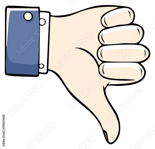 Hand showing thumbs down gesture wearing a blue shirt cuff against white background