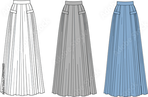 Flat Vector Fashion Illustration of Women's Pleated Maxi Skirts in White Grey and Blue Colors Isolated on White Background for Apparel Design and Catalog.