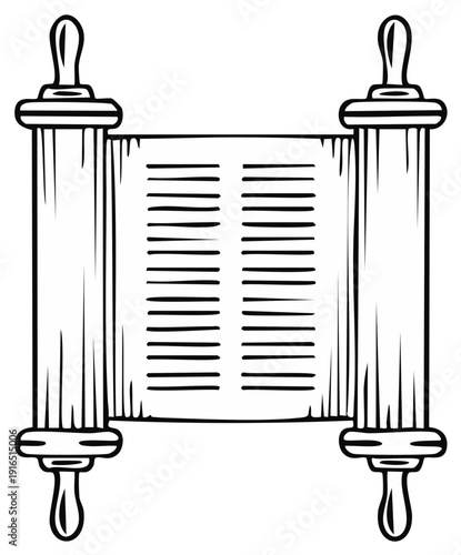 Ancient scroll manuscript illustration. Drawn text document, classic design, antique religious concept.