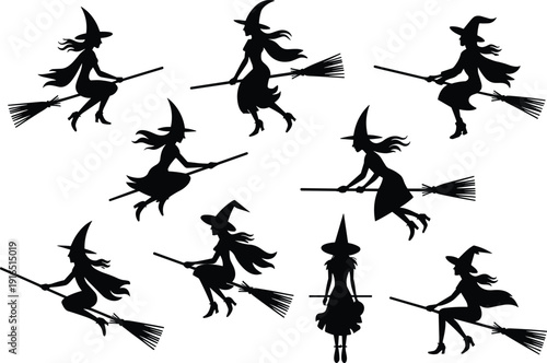Flying witch silhouettes set on broomsticks, Halloween fantasy characters isolated on light background, spooky magic and fairytale concept vector illustration