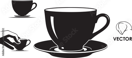 Black and White Vector Cup and Saucer Illustration Set