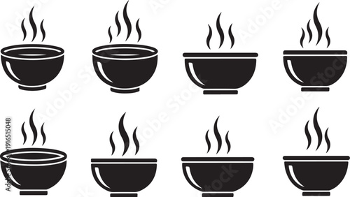Eight black coffee cups with steam rising icons set