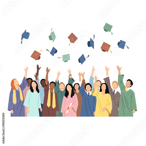 Diverse graduates joyfully celebrate academic success, tossing caps into the air, marking the completion of their studies and looking forward to a bright future