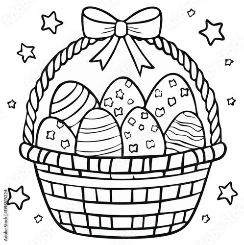 Easter basket overflowing with decorated eggs surrounded by stars line drawing illustration