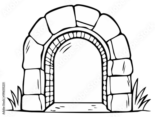 Stone archway outline architectural element with curved top and rough textured blocks drawing