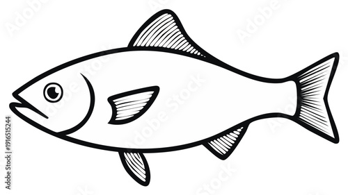 Simple monochrome outline drawing of a fish with fins and tail, vector illustration of an aquatic animal, seafood item for educational or design purposes.