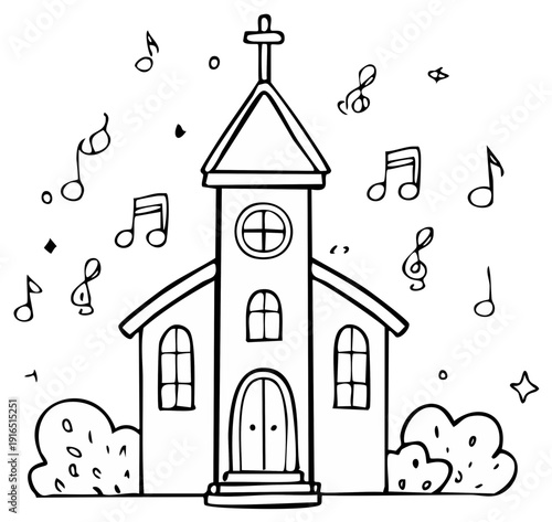 Whimsical church building with musical notes floating around in a joyful artistic doodle style