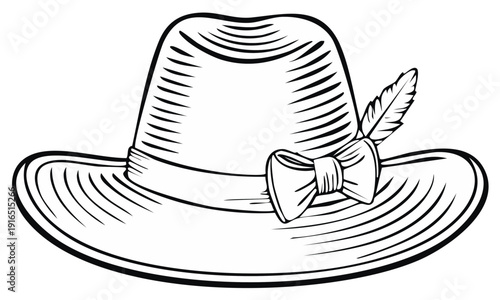 Vintage fedora hat illustration with bow and feather for classic fashion design or retro style concept