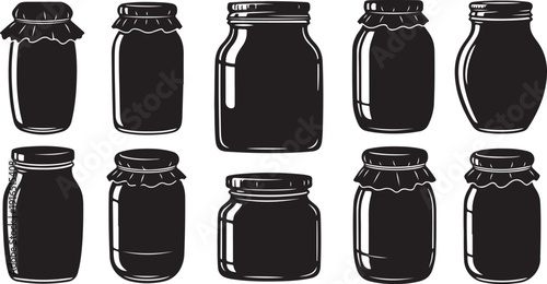 Black and white illustration of various jar containers