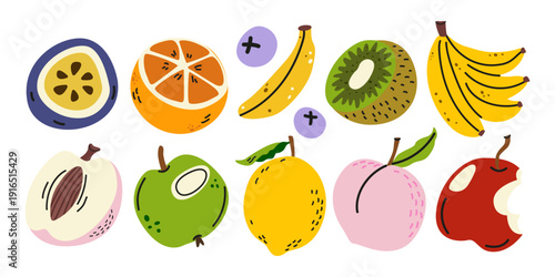Set of ripe fruits and berries in cartoon groovy style. Healthy juicy nutrition elements. Passion fruit, orange, banana, blueberry, kiwi, peach, apple, lemon. Vector food illustration isolated