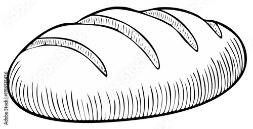 Hand drawn sketch of a crusty loaf of bread with scoring marks and vertical lines on its sides