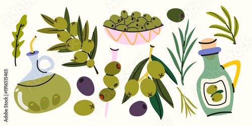 Mediterranean food stickers in cartoon style. Olive branches, green and black olives, olive oil bottles, canned food. Healthy organic food vector illustration in trendy groovy style