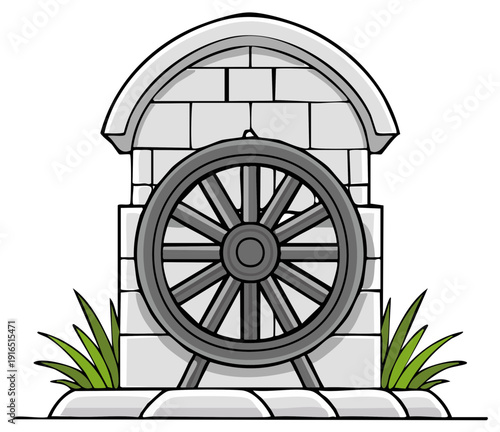 Cartoon well with a wooden wheel, stone structure, and grass, vector illustration.