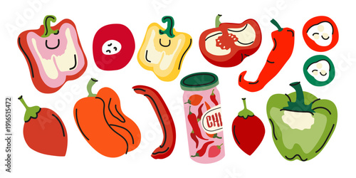Various spicy and bell peppers in cartoon groovy style. Ripe fresh vegetables collection. Farm organic food concept. Cooking and healthy eating vector illustration