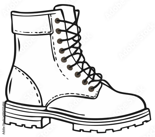 Illustrated depiction of a sturdy leather work boot with laces and a treaded sole.