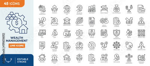 Wealth Management icon set. Contain icons related to wealth, management, finance, portfolio, retirement Plan, investment, assets and More. Editable stroke. Vector Illustration