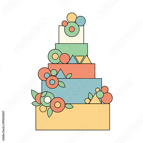 A delightful abstract illustration of a multi-tiered, pastel-colored celebration cake adorned with geometric shapes and floral accents