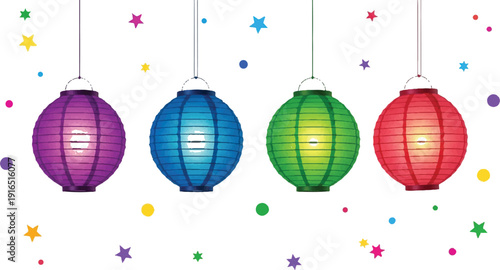 Colorful lanterns hanging amidst festive stars and decorations on a white background.