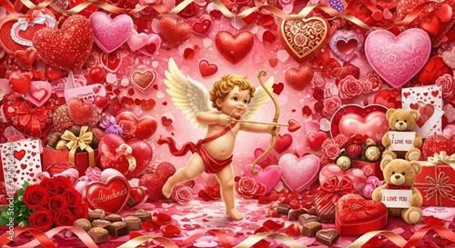 Romantic Scene with Adorable Cupid, Red Hearts, Roses, and Gifts on Passionate Red Background