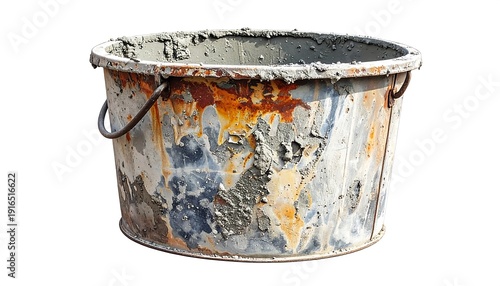 Rusty, worn cement bucket with metal handle, filled with wet gray cement, isolated