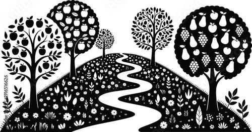 Fruit orchard landscape silhouette with apple, pear and grape trees along winding garden path isolated on white background for agriculture and nature design