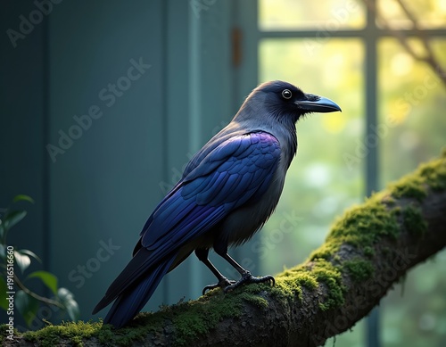 Black bird with iridescent blue feathers sits on mossy branch. Dark teal wall background, blurred green foliage outside window. Natural wild animal perch.