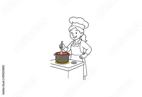 Happy Chef Cooking Delicious Food in Pot, Kitchen Scene, Flat Design Vector Illustration