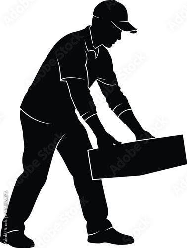 Full body silhouette of delivery man lifting heavy cardboard box on white background, courier service worker, manual labor, logistics, and shipping industry concept.