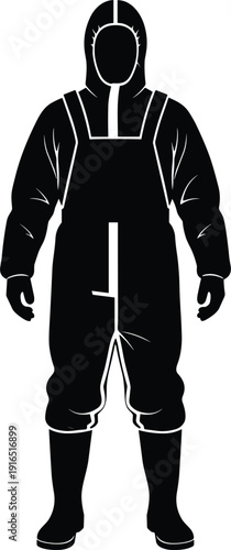 WebFull body silhouette of a worker wearing a protective hazmat suit with a hood and boots for industrial safety and hazardous material handling on white